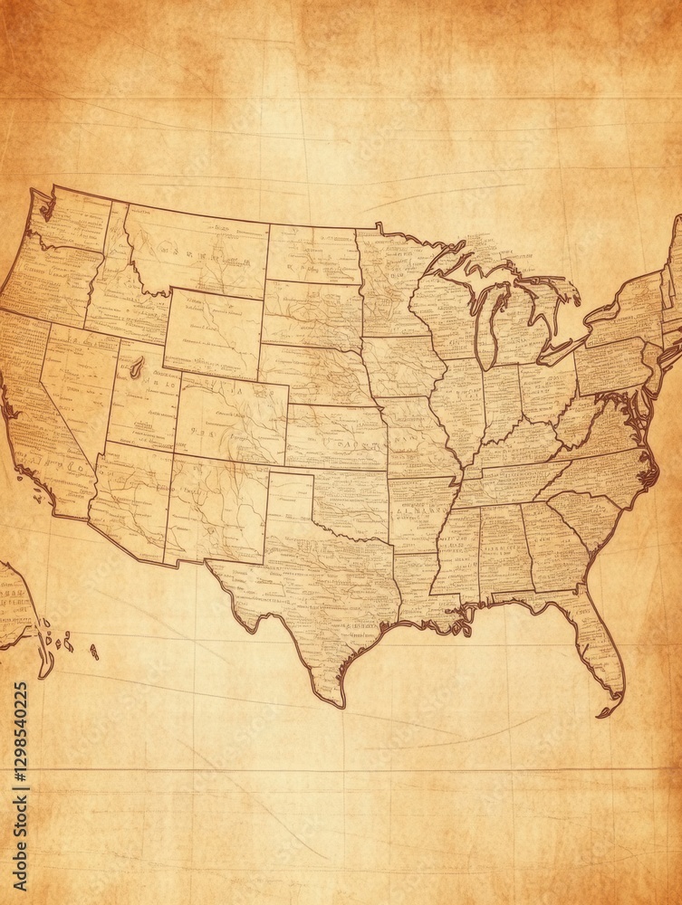 Obraz premium Vintage map of the United States showcasing state boundaries and geographical features. Generative AI