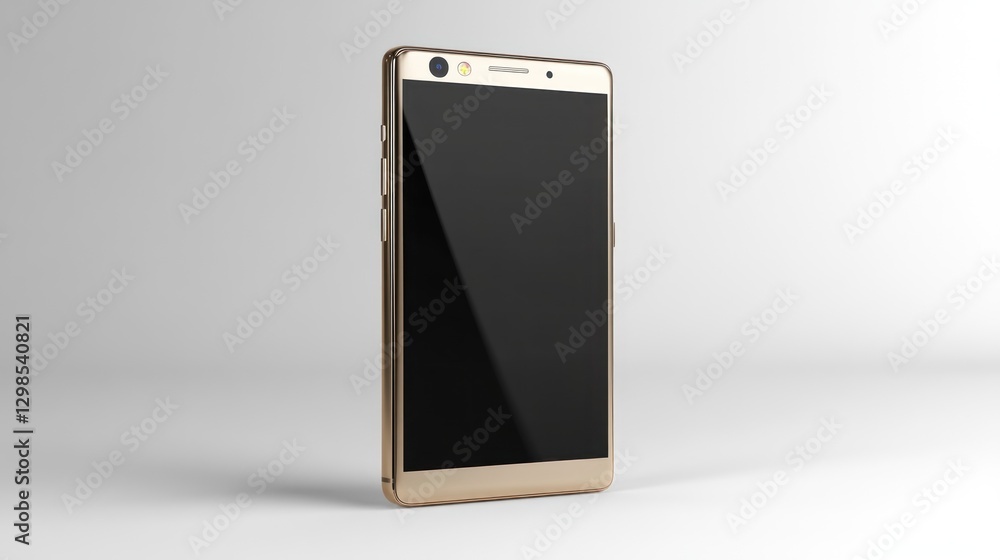 Fototapeta premium Gold mobile phone standing upright, studio lighting, gray background, screen showing black display