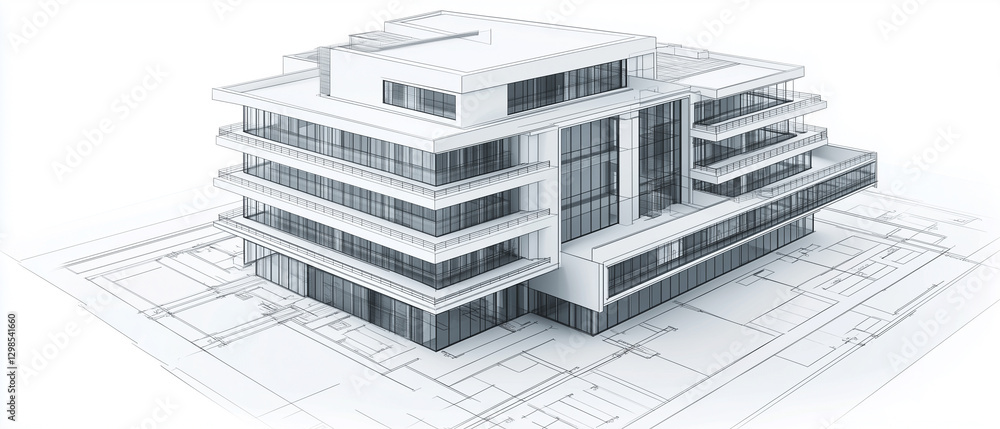 Fototapeta premium Detailed architectural blueprint of a modern hospital building with a clean white facade and glass windows