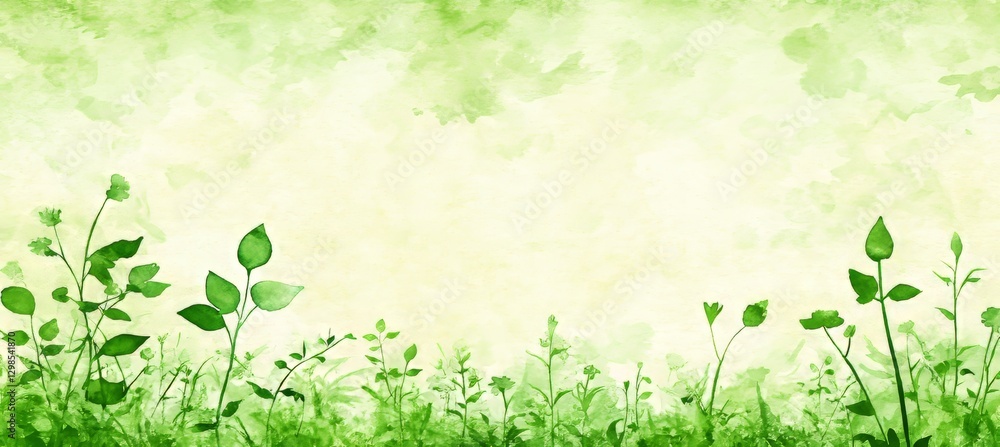 Abstract Green Watercolor Background, With Hand-Painted Stylized Grass And Airy Design Abstract Green Watercolor Background, With Hand-Painted Stylized Grass And Airy Design