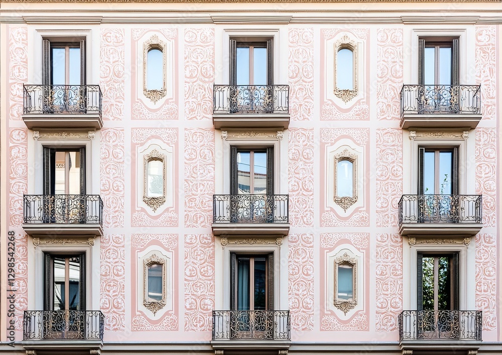 The facade of the historic building features a row of windows and balconies The facade of the historic building features a row of windows and balconies