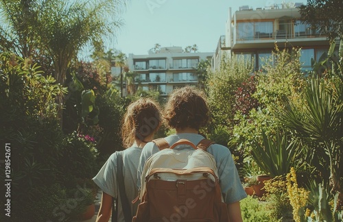 A carefree lesbian couple on an outdoor date, walking hand in hand, symbolizes the pursuit of equality, tolerance, and a lifestyle free from discrimination and prejudice photo