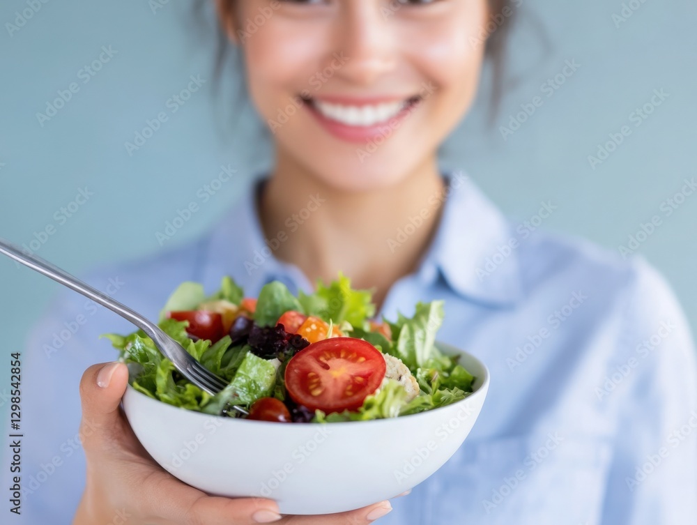 smiling woman holding a fresh salad bowl smiling woman holding a fresh salad bowl