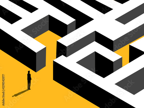 Challenge the Problem, Businessman Standing Looking at Maze Entrance