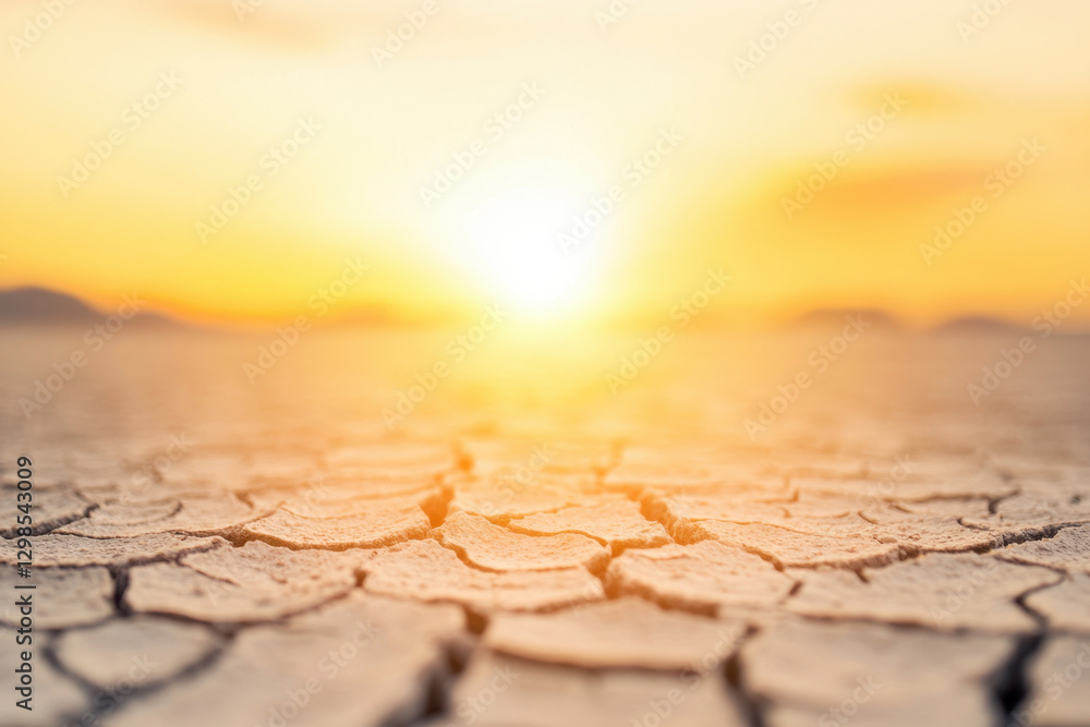 Obraz premium Dried cracked earth under warm sunset, showcasing effects of drought and climate change. landscape evokes sense of desolation and beauty