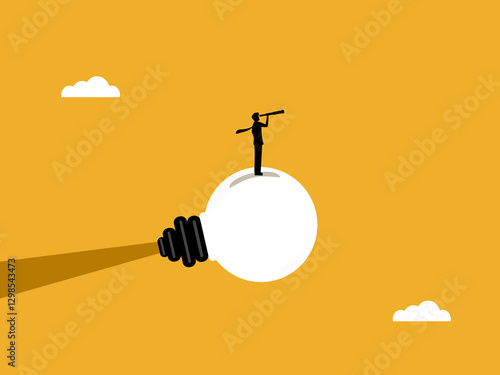 Businessman looking through telescope on light bulb rocket