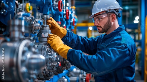 Worker Manually Adjusting Turbine Valves in Power Plant Facilities