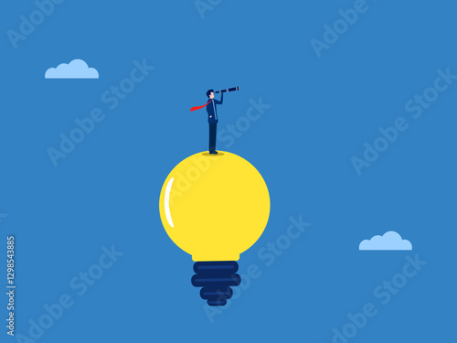 Clear thinking, Businessman looking far on bright light bulb