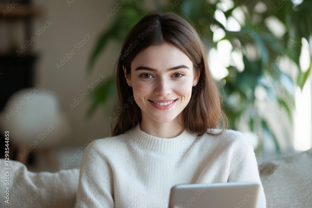 Smiling Woman with Tablet in a Cozy Setting Smiling Woman with Tablet in a Cozy Setting