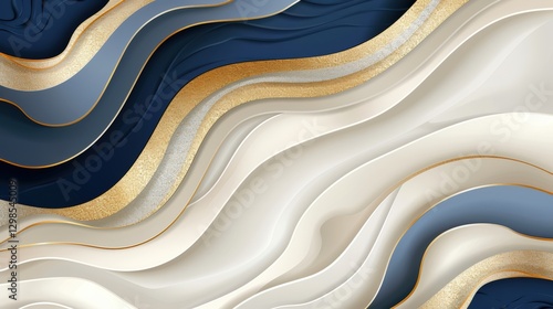 Fototapeta Naklejka Na Ścianę i Meble -  Abstract wavy layered design in blue, gray, and gold