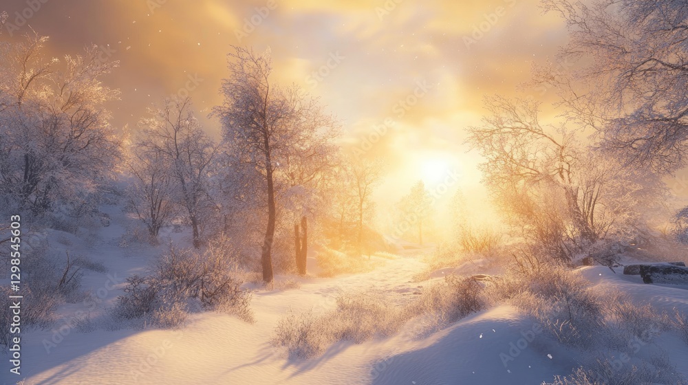 A magical winter wonderland with frost-covered trees and soft golden sunlight casting long shadows. A magical winter wonderland with frost-covered trees and soft golden sunlight casting long shadows.