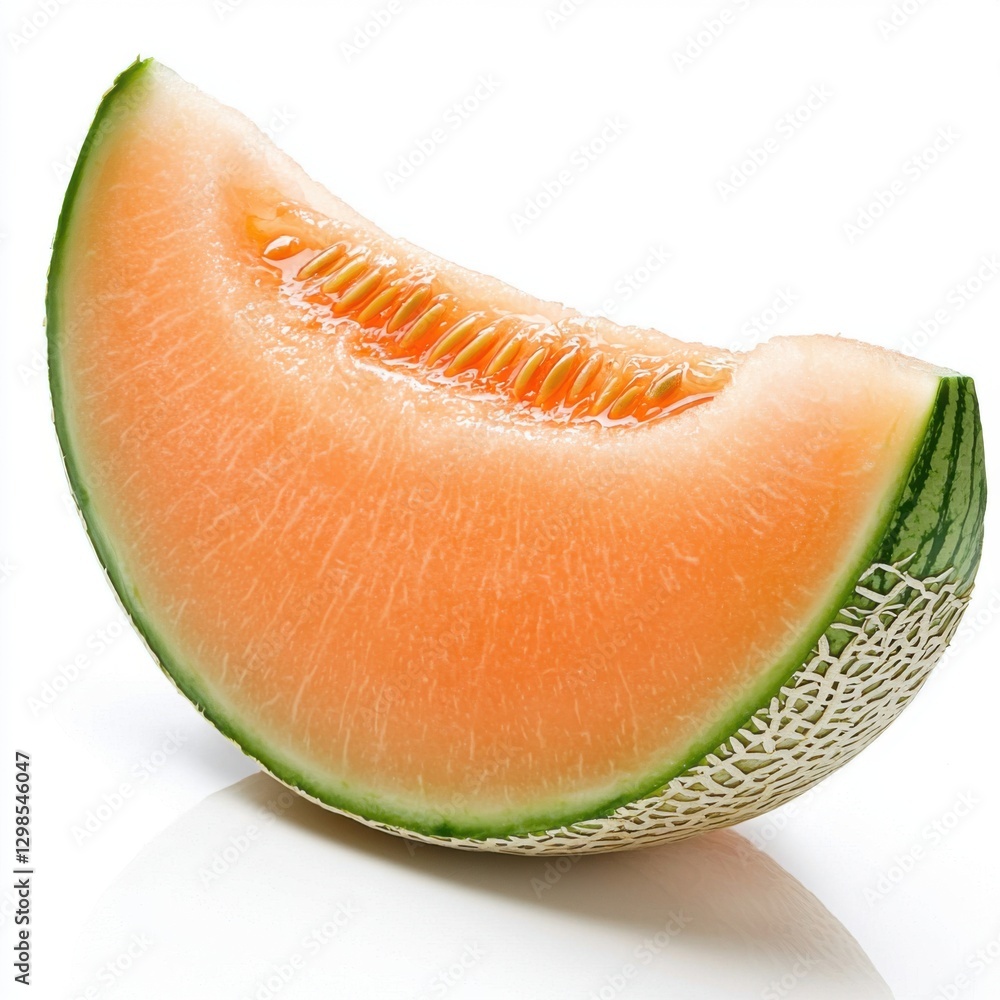 A single slice of ripe melon with juicy translucent flesh, placed on a clean white background, soft reflections emphasizing delicate texture A single slice of ripe melon with juicy translucent flesh, placed on a clean white background, soft reflections emphasizing delicate texture