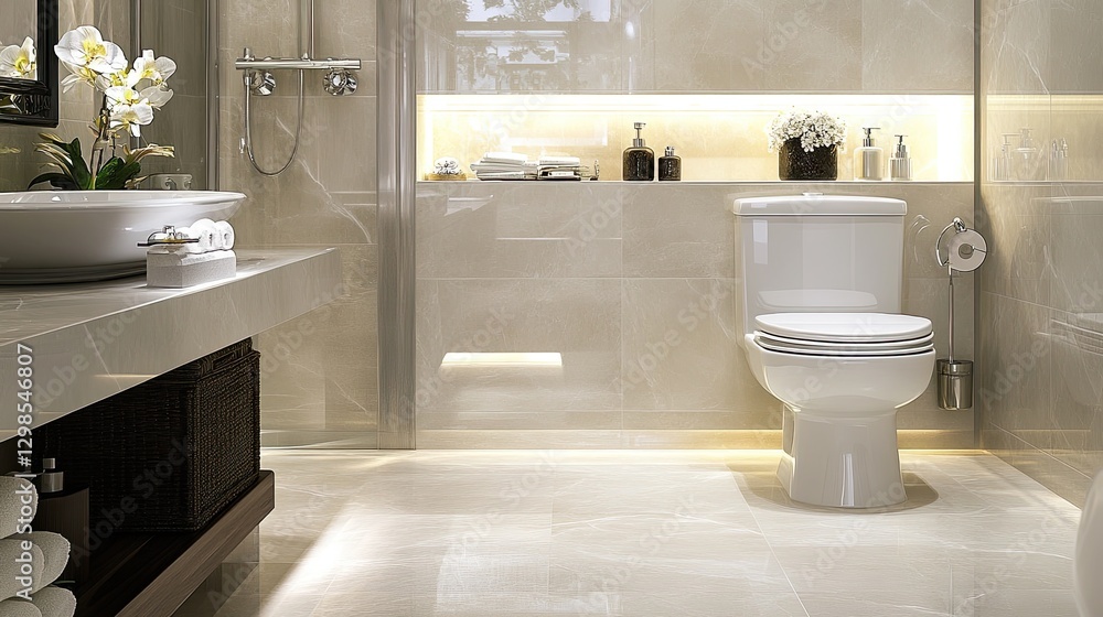 Fototapeta premium A modern white toilet set in a spacious bathroom with soft neutral-colored walls, gentle lighting, and elegant design elements.