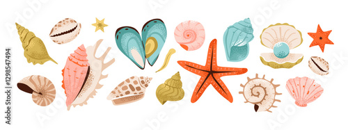 Shells and underwater elements: seashells, pearls, starfish, nautilus to scallops. Vibrant flat vector illustration of marine treasures.