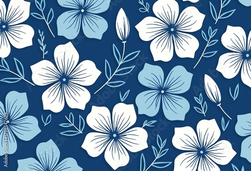 Crisp Hawaiian Floral Pattern: A Blue and White Simple Vector Art Design, Featuring Flat Colors, Clean Lines, and a Refreshing, Tropical Aesthetic.

