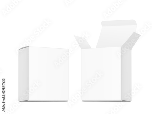Realistic white open and closed paperboard box mockup. Front view. Vector illustration isolated on white background. Taking your 2D designs into 3D. Can be use for pharmacy, cosmetic, food. EPS10.