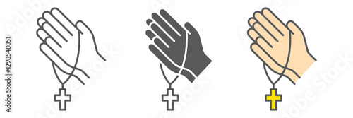 Pray icon collection, hope and christianity, praying hands with rosary vector icon set, vector graphics, editable stroke outline sign, eps 10.