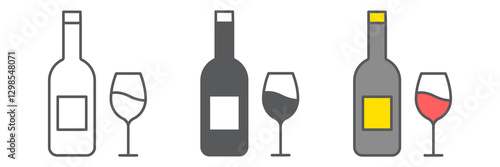 Wine icon collection, beverage and celebration, Wine bottle with wine glass vector icon set, vector graphics, editable stroke outline sign, eps 10.