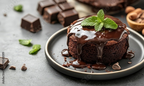 Chocolate lava cake on a plate on light background with copyspace