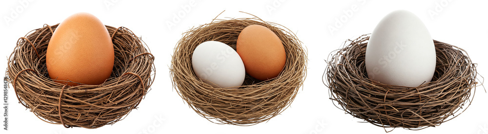Brown and white eggs in nests, collection, isolated on a transparent background Brown and white eggs in nests, collection, isolated on a transparent background
