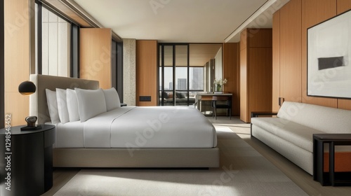 Wallpaper Mural A spacious bedroom with a king-sized bed featuring luxurious, smooth white sheets and a comforter, surrounded by minimalist decor. Torontodigital.ca