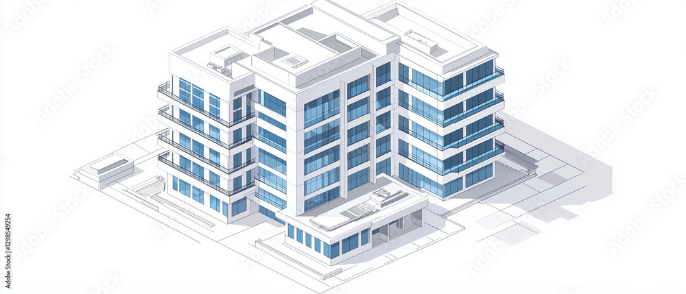 Isometric architectural blueprint of a modern hospital building, emphasizing its sleek white facade and blue-tinted glass panels Isometric architectural blueprint of a modern hospital building, emphasizing its sleek white facade and blue-tinted glass panels