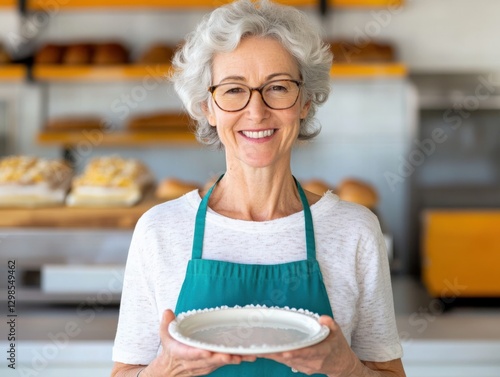 smiling woman holding an empty plate in a bakery