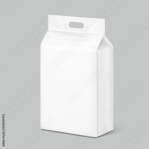 Realistic stand bag with hole handle mockup. Half side  view. Vector illustration isolated on grey background. Suite for the presentation of diapers, wet wipes, pants changing mats.EPS10.