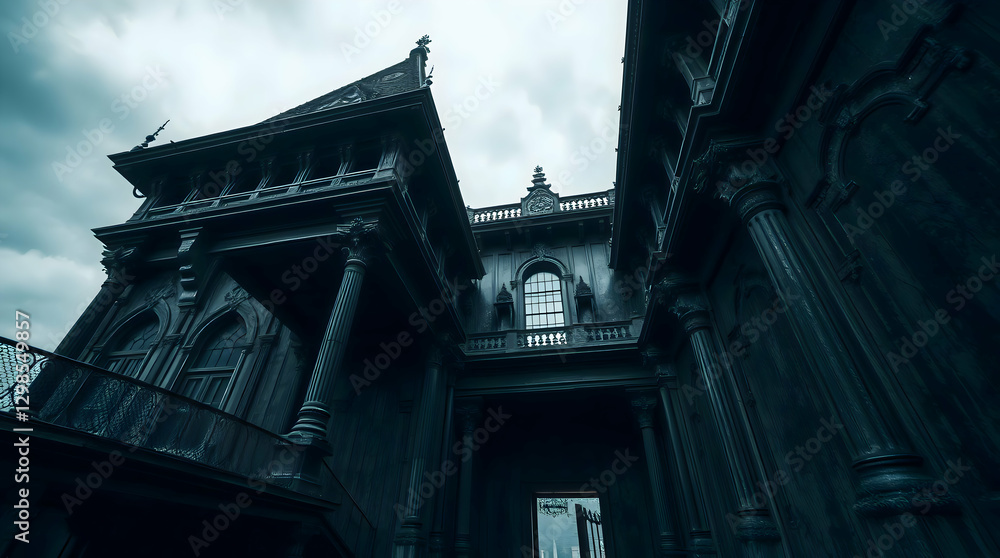 Dramatic High-Contrast Photograph of Gothic-Style Building with Tall Columns, Pointed Arches, Overcast Sky, and Ominous Atmosphere Dramatic High-Contrast Photograph of Gothic-Style Building with Tall Columns, Pointed Arches, Overcast Sky, and Ominous Atmosphere