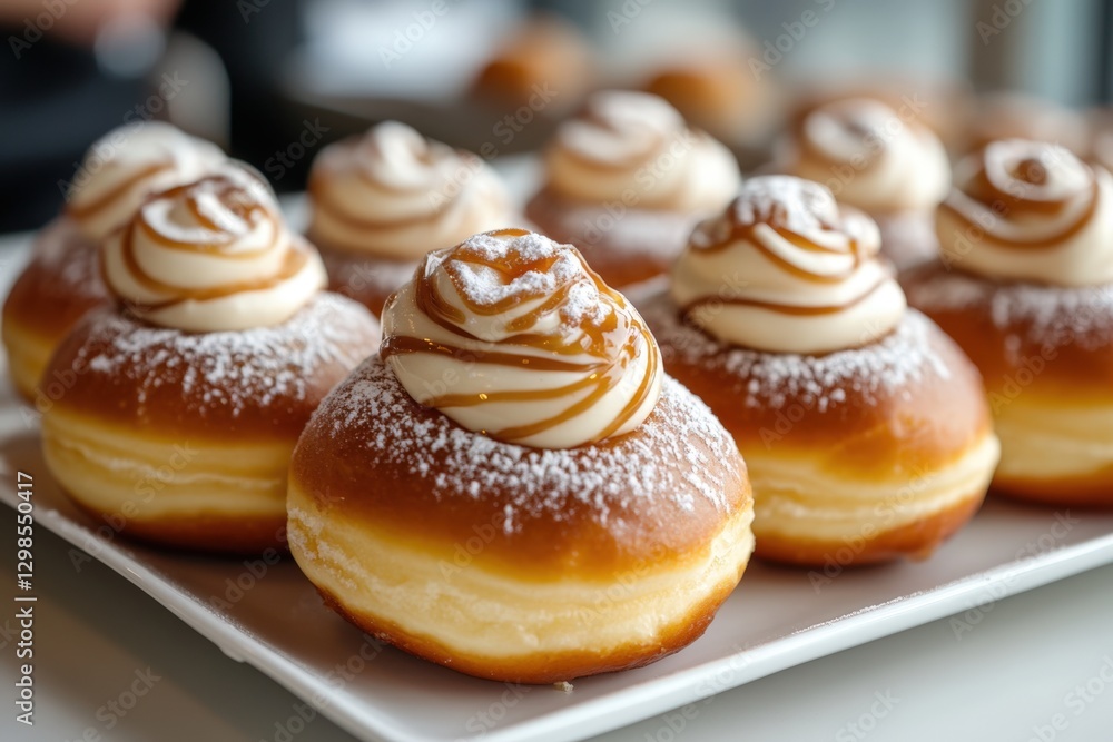 fresh donuts with Cream and Caramel on a white tray fresh donuts with Cream and Caramel on a white tray