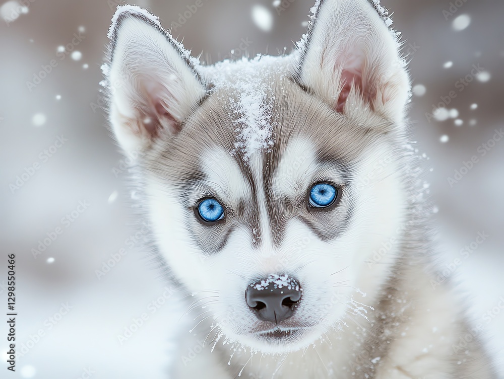 Cute Husky Puppy Portrait with Bright Blue Eyes in Falling Snow Cute Husky Puppy Portrait with Bright Blue Eyes in Falling Snow