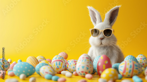 White Easter bunny wearing sunglasses and surrounded by colorful eggs on a yellow background