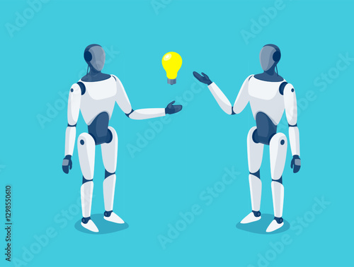 Humanoid robots standing and thinking about idea. Artificial intelligence gesture ai bot android cyborg talking. Industrial white robot replacing humans in future. Isolated vector illustration concept