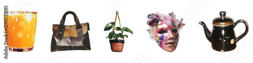 Eclectic vintage objects including glass, bag, plant, mask, and teapot set isolated on transparent background