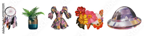 Dreamcatcher, fern, dress, flowers, ufo collectible in pop art style vintage element set isolated on transparent background