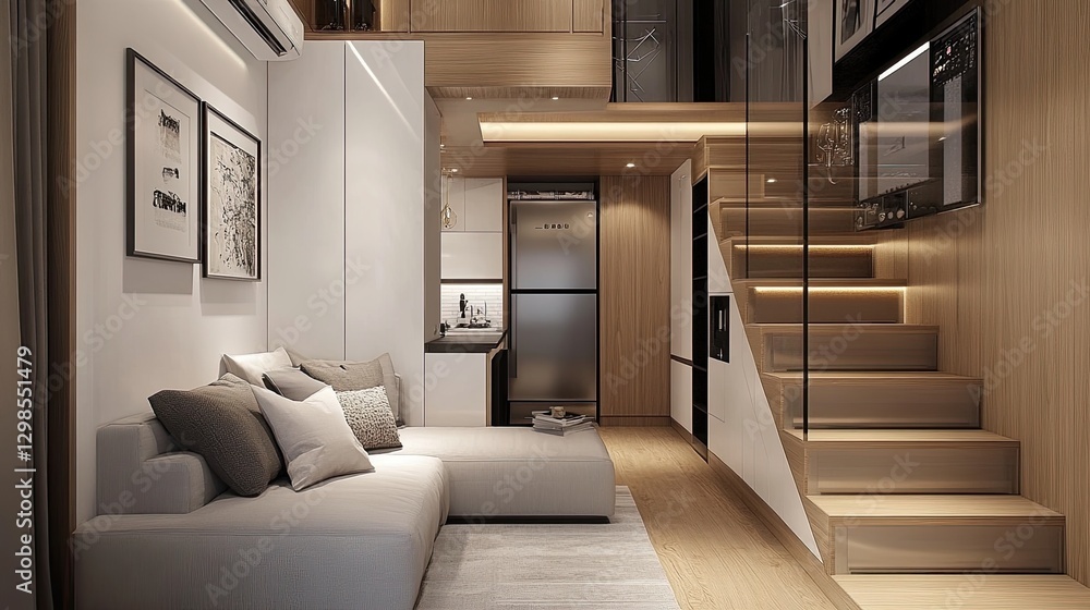 Compact modern living room with smart storage solutions, a cozy sofa, and a well-organized small space. Compact modern living room with smart storage solutions, a cozy sofa, and a well-organized small space.
