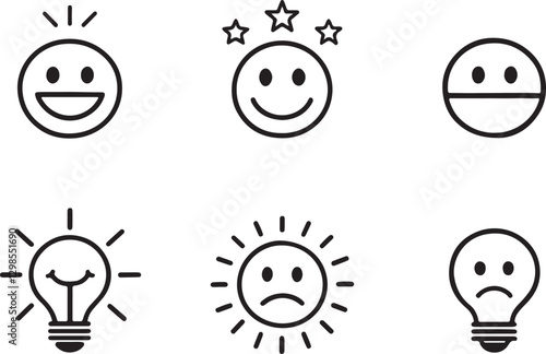 Variant types of emoji editable flat stroke line art icon set, Outline of doodle rounded emoji. Vector illustration on a white background.