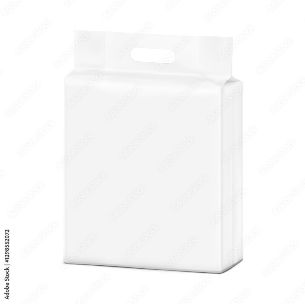 Realistic stand bag with hole handle mockup. Half side view. Vector illustration isolated on white background. Suite for the presentation of diapers, wet wipes, pants changing mats.EPS10. Realistic stand bag with hole handle mockup. Half side view. Vector illustration isolated on white background. Suite for the presentation of diapers, wet wipes, pants changing mats.EPS10.
