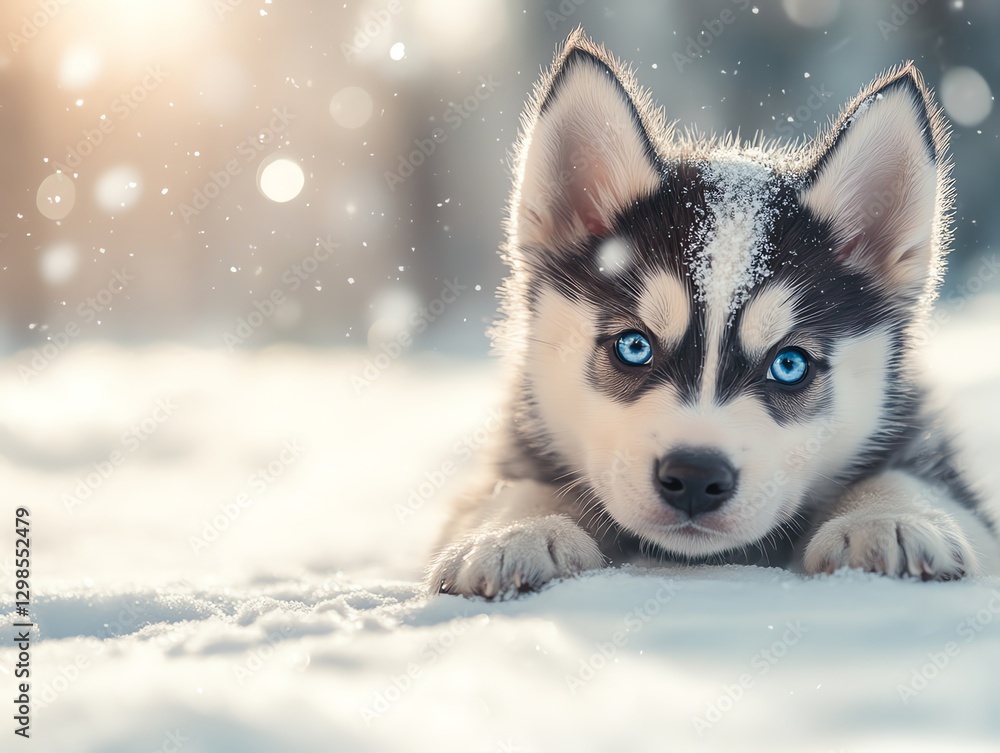 Husky Puppy Lying in Snow During Snowfall in Winter Landscape Husky Puppy Lying in Snow During Snowfall in Winter Landscape