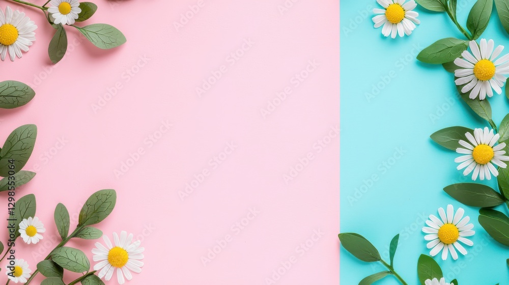 A vibrant floral arrangement with daisies and green leaves on a pastel pink and blue background, creating a cheerful and fresh aesthetic. A vibrant floral arrangement with daisies and green leaves on a pastel pink and blue background, creating a cheerful and fresh aesthetic.