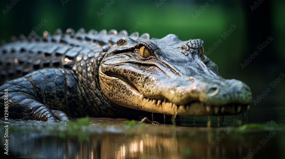 Closeup of a crocodile in the water looking to the side. Wildlife of an alligator swimming in the water on a blurred background. Scary angry big alligator hunting in a lake looking foward. Closeup of a crocodile in the water looking to the side. Wildlife of an alligator swimming in the water on a blurred background. Scary angry big alligator hunting in a lake looking foward.
