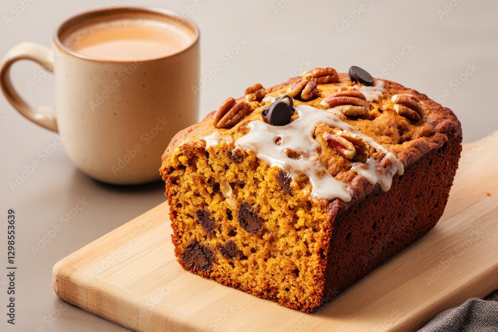 Warm pumpkin loaf adorned with nuts and glaze beside cup of coff Warm pumpkin loaf adorned with nuts and glaze beside cup of coff
