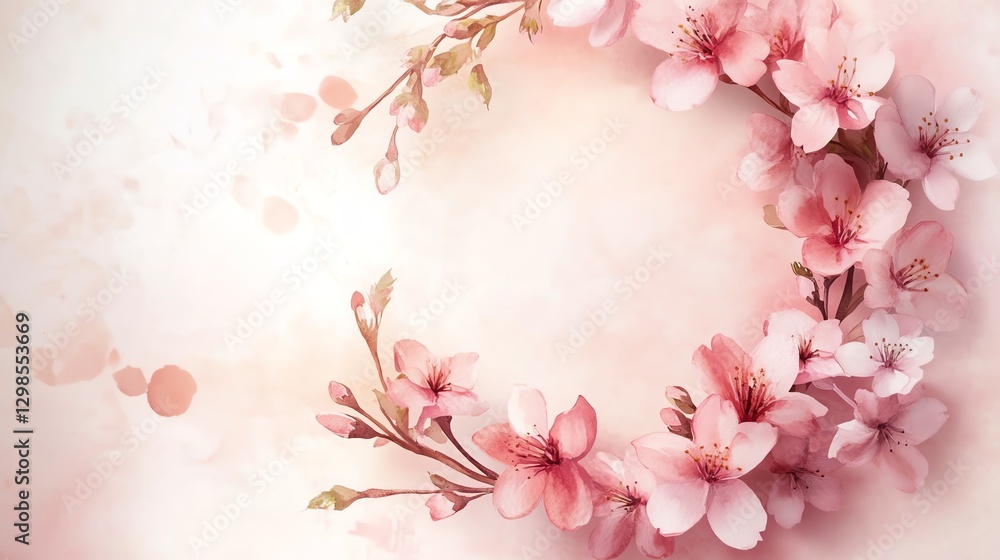 Fototapeta premium A delicate floral wreath of pink blossoms set against a soft pastel background, evoking tranquility and beauty.