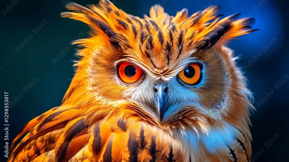 Obraz premium Closeup of an owl sitting on a tree branch looking at the camera. Wildlife image of a beautiful red owl sitting on a branch. Owl with orange white feathers sitting on a blurred background.