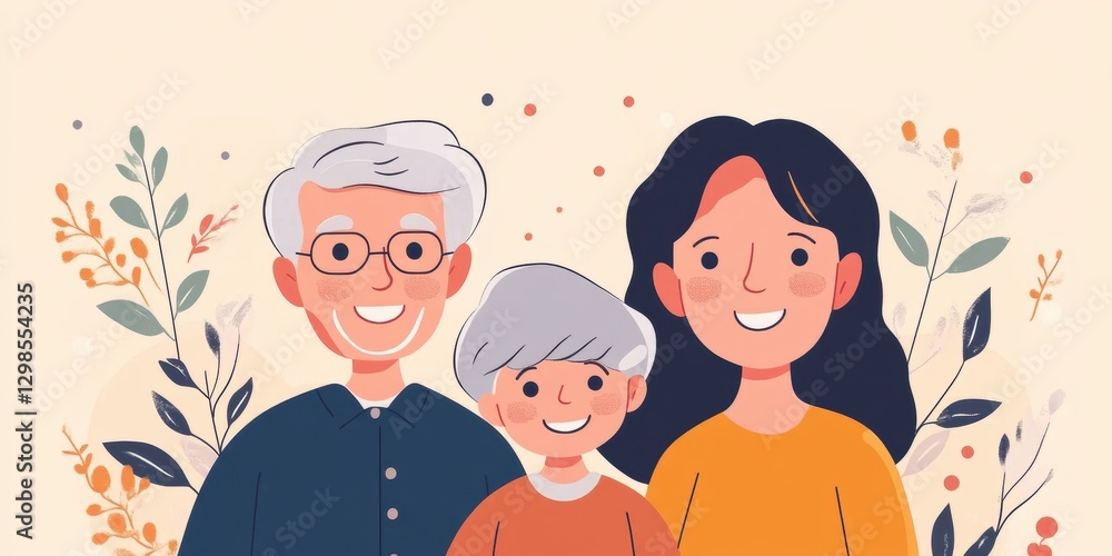 Family portrait capturing joyful moments between grandparents, a parent, and a child surrounded by colorful floral elements Family portrait capturing joyful moments between grandparents, a parent, and a child surrounded by colorful floral elements