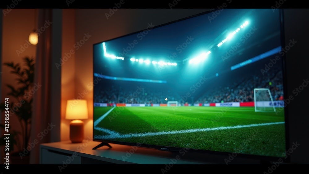 TV screen with live match, Glowing TV screen showing live soccer match with reflections and cozy interior TV screen with live match, Glowing TV screen showing live soccer match with reflections and cozy interior