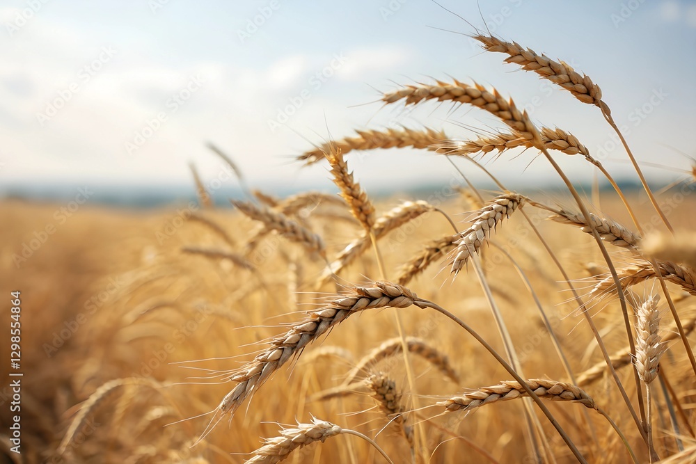 Obraz premium Minimalistic photo of ripe wheat fields under a clear sky, extreme close-up capturing the fine grains on the stalks, softly blurred background.