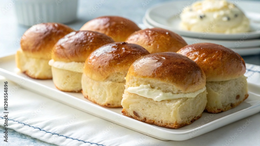 Delicious golden-brown buns with a smooth vanilla cream filling, artfully arranged on a white plate against a bright, light background. Delicious golden-brown buns with a smooth vanilla cream filling, artfully arranged on a white plate against a bright, light background.