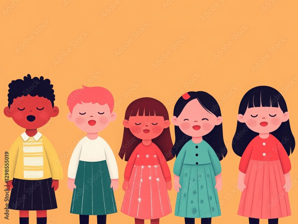 A diverse group of children standing together with closed eyes, showcasing unity and innocence against a vibrant background. A diverse group of children standing together with closed eyes, showcasing unity and innocence against a vibrant background.