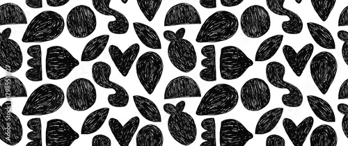 Groovy seamless pattern with bold geometric bizarre shapes in trendy crayon drawing style. Bold pencil abstract shapes forming a pattern. Trendy black and white design